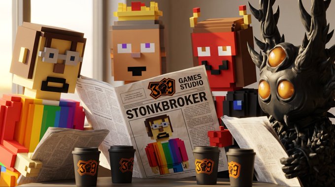 Three blocky, Minecraft-style characters with rainbow shirts and a dark armored figure sit around coffee cups reading a newspaper titled 'STONKBROKER' from the 'GAMES STUDIO'.
