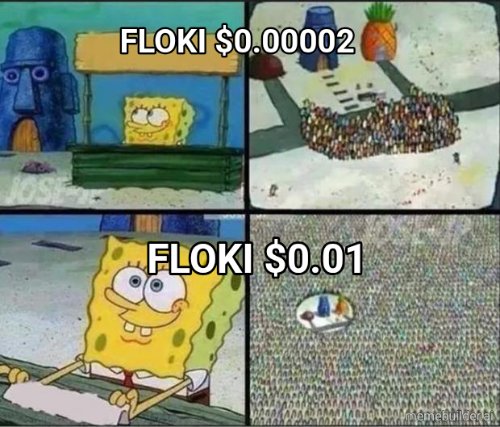 A four-panel SpongeBob meme showing the meme format of looking at something then looking away, with text 'FLOKI $0.00002' on the top panels and 'FLOKI $0.01' on the bottom panels.