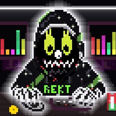 A pixel art graphic featuring a hooded skeleton figure with a yellow skull face and the word "REKT" in green text on its chest, set against a background with colorful bar charts.