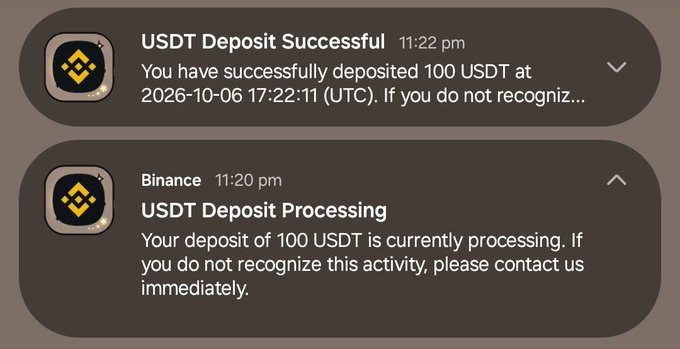 Two mobile notification alerts from Binance regarding a USDT deposit: the bottom notification says 'USDT Deposit Processing' at 11:20 pm, and the top notification says 'USDT Deposit Successful' at 11:22 pm.
