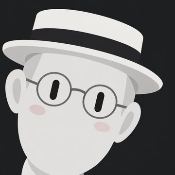 A minimalist cartoon illustration of a pale figure's face wearing a white and black fedora-style hat and round black glasses against a black background.