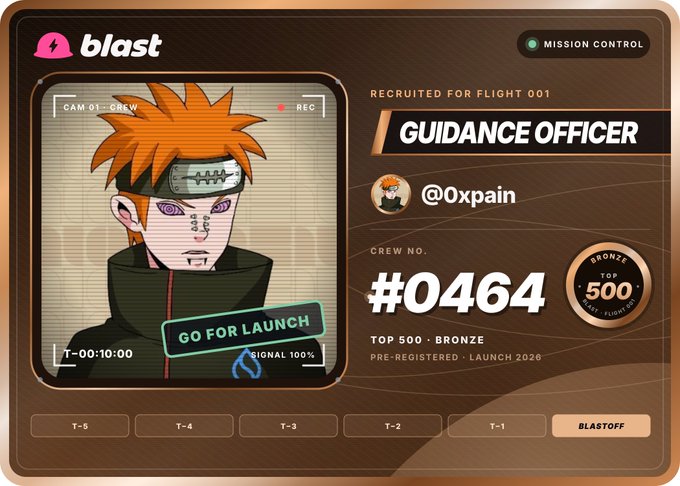 A Blast 'GUIDANCE OFFICER' recruitment card for user @0xpain with Crew No. #0464, featuring an anime character styled as Pain from Naruto.