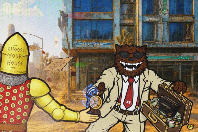 A furry character in a tan suit and red tie grins while holding an open briefcase filled with cash alongside a yellow armored figure labeled "CHOOSE YOUR HOUSE," set against an urban backdrop with XRP-style riddles and a mysterious object marked with the Ripple logo.