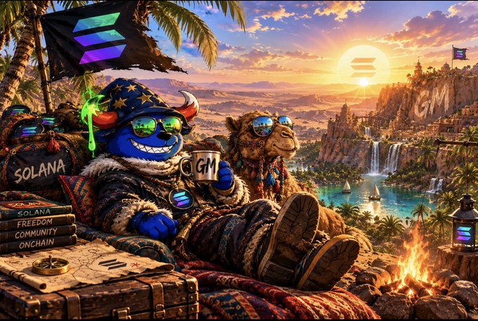A fantasy illustration shows a blue wizard character with a wizard hat and sunglasses relaxing with a furry companion, with a 'GM' mug, books labeled 'SOLANA FREEDOM COMMUNITY ONCHAIN,' and a sunset landscape in the background.