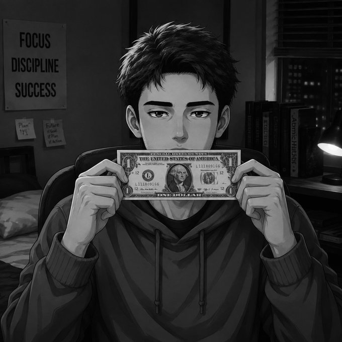 A black-and-white manga-style illustration shows a young man in a hoodie holding a one-dollar bill up to his face, with a poster reading 'FOCUS DISCIPLINE SUCCESS' on the wall behind him.