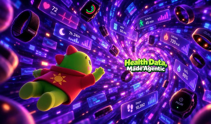 A vibrant promotional graphic titled 'Health Data, Made Agentic' featuring a 3D character in a red dinosaur hoodie floating through a purple vortex surrounded by floating health metric data panels (Sleep, Steps, Heart Rate, Calories, Activity).