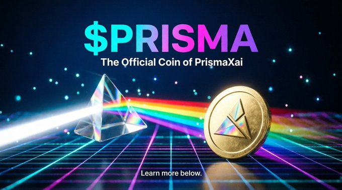 A promotional image for '$PRISMA - The Official Coin of PrismaAi' showing a crystal prism dispersing rainbow light alongside a gold coin with the PRISMA logo on a neon grid background.