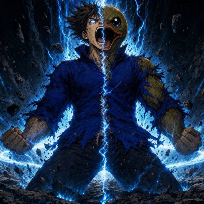 Anime-style artwork of a screaming character split down the middle, half human and half monster, surrounded by blue lightning and floating debris.