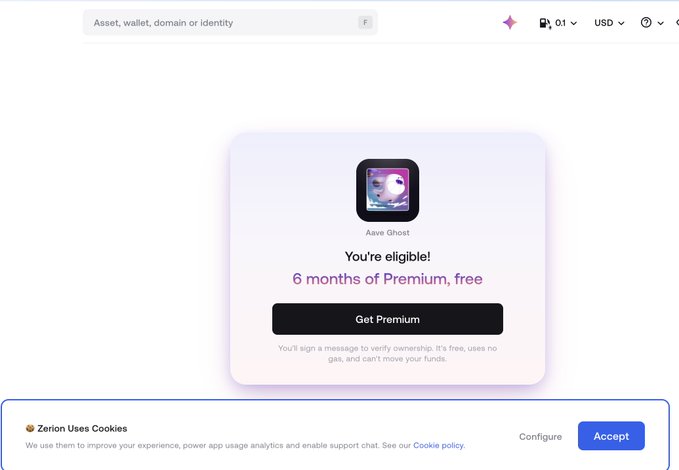 A screenshot of the Zerion wallet interface offering '6 months of Premium, free' with a 'Get Premium' button for the 'Aave Ghost' asset.