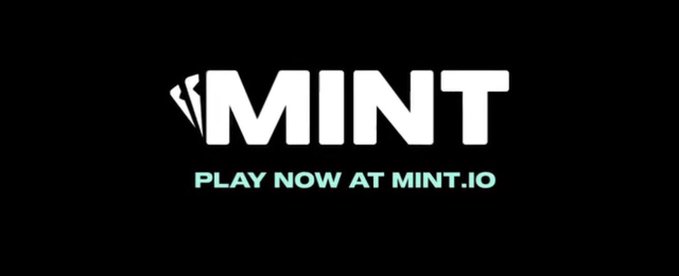 The image displays the MINT logo in bold white lettering on a black background, with the tagline "PLAY NOW AT MINT.IO" in teal below it. It serves as a promotional banner for the crypto casino, sportsbook, and prediction platform mentioned in the post, highlighting where users can access the MINT gaming experience.