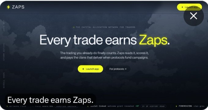 A webpage screenshot for ZAPS, the Capital Allocation Network for Traders, featuring the tagline 'Every trade earns Zaps' with options to launch the app or view protocols.