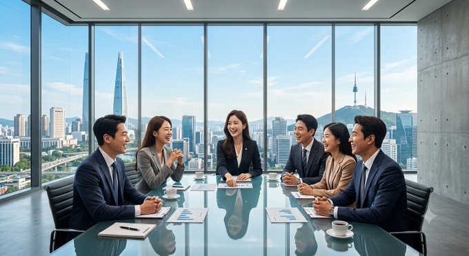 A professional business meeting takes place in a modern high-rise conference room with floor-to-ceiling windows overlooking a city skyline, where a diverse group of seven professionals in formal attire engage in discussion around a sleek glass table. The image visually reinforces the post's theme of financial expertise and strategic investment analysis, lending credibility to the Forbes-recommended top cryptocurrency picks list.