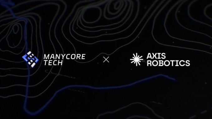 A collaboration graphic between 'MANYCORE TECH' and 'AXIS ROBOTICS' displayed over a dark topographic map background.