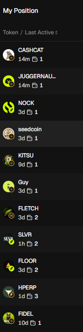 A screenshot of a "My Position" portfolio showing holdings sorted by size, with CASHCAT and JUGGERNAUT at the top (14m, 1 day active), followed by NOCK, seedcoin, KITSU, Guy, FLETCH, SLVR, FLOOR, HPERP, and FIDEL, illustrating the user's DCA strategy across their Robinhood meme coin bags as mentioned in the post.