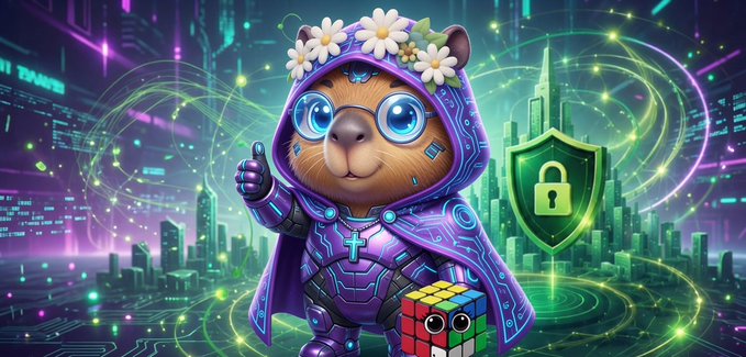 An illustration of a cute anthropomorphic animal character wearing glasses, a purple hooded outfit with daisy flowers, holding a Rubik's cube in a futuristic neon-lit cyberpunk cityscape.