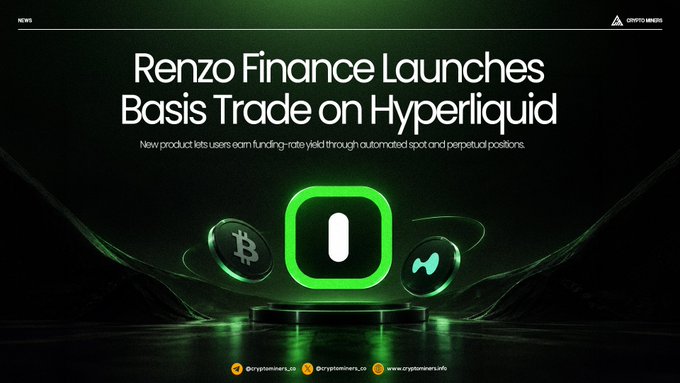 A crypto news graphic announcing 'Renzo Finance Launches Basis Trade on Hyperliquid', featuring a green logo alongside Bitcoin and Ethereum symbols.