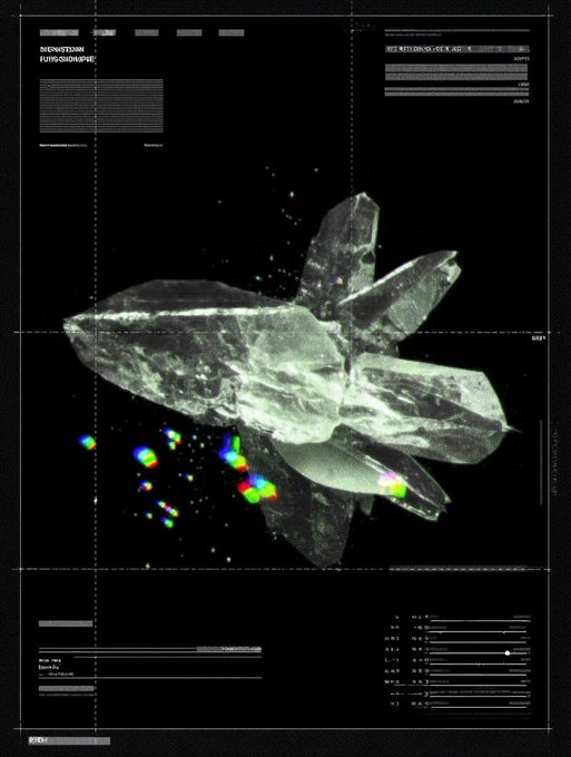 A glitchy digital art piece featuring a translucent crystalline crystal cluster with rainbow color fragments against a black background with technical UI elements and text frames.