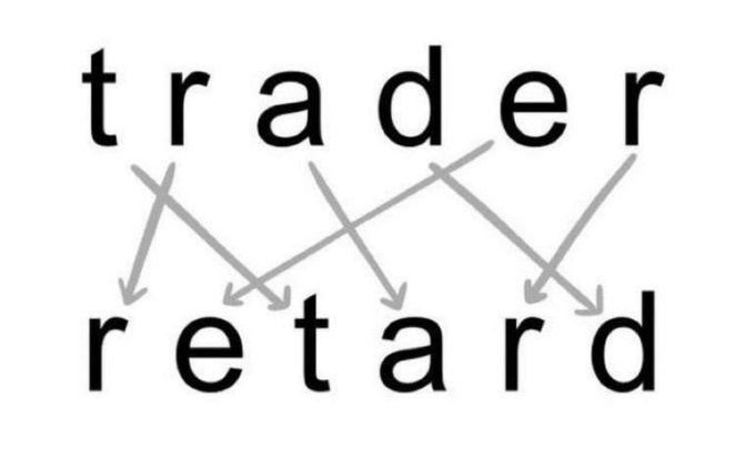 The image shows the word "trader" at the top and "retard" at the bottom, with crisscrossing arrows connecting the letters between them to illustrate how all letters from "trader" can be rearranged to spell "retard." This visual "anagram" demonstration reinforces the post's point that the two words share the exact same letters, suggesting there are "no coincidences" in their connection.