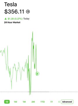 A 24-hour stock market chart for Tesla (TSLA) showing a current price of $356.11, up $1.30 (0.37%) today, displayed as a green line graph.