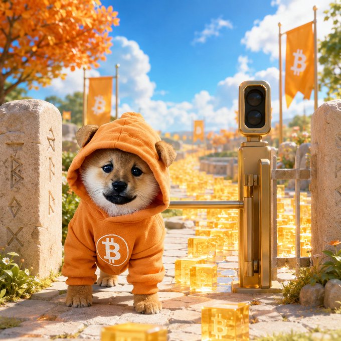 A cute Shiba Inu wearing an orange hoodie with the Bitcoin symbol walks down a path lined with glowing golden Bitcoin blocks. The image serves as a playful metaphor for the Bitcoin network, aligning with the post's discussion on consensus and network coordination.