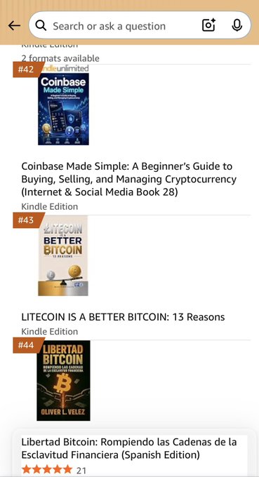 An Amazon search results page showing cryptocurrency-related Kindle eBooks, including 'Coinbase Made Simple,' 'LITECOIN IS A BETTER BITCOIN: 13 Reasons,' and 'Libertad Bitcoin: Rompiendo las Cadenas de la Esclavitud Financiera.'