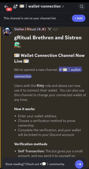 A Discord channel named 'wallet-connection' with a message from Stefan announcing the gRitual Brethren and Sistren wallet connection channel, explaining how users with Ritty role can link their wallets.