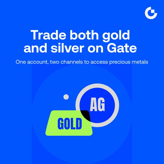 Promotional graphic for Gate featuring a blue background with the headline "Trade both gold and silver on Gate," a subtitle "One account, two channels to access precious metals," and illustrations of a green gold bar labeled "GOLD" alongside a blue circle marked "AG," visually reinforcing the post's message about trading both precious metals through a single Gate account.