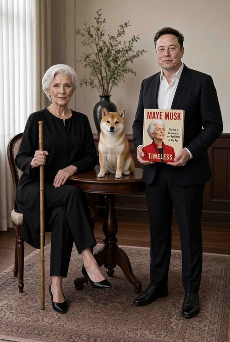 An AI-generated image depicting Maye Musk and Elon Musk standing together with a Shiba Inu dog, with Elon holding a book titled 'MAYE MUSK TIMELESS'.