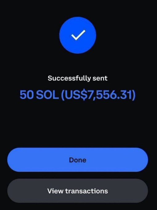 The image is a screenshot of a successful crypto wallet transaction confirming the transfer of 50 SOL (US$7,556.31), shown with a "Done" and "View transactions" button. Accompanied by a giveaway post, the screenshot is likely being used as fake "proof" of payment to lure users into participating in a scam.