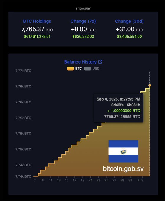 The image shows a Bitcoin Treasury dashboard for El Salvador (bitcoin.gob.sv), displaying current BTC holdings of 7,765.37 BTC valued at $617,611,278.51, with a 7-day change of +8.00 BTC and a 30-day change of +31.00 BTC. A "Balance History" chart illustrates steady, incremental BTC accumulation through daily stacking, with a tooltip highlighting a +1.00000000 BTC deposit on September 4, 2026, at address 0d42fa...5b081b, alongside the Salvadoran flag. This visual reinforces the post's claim that El Salvador averages roughly one Bitcoin added per day, showcasing the country's disciplined "1 BTC per day" accumulation strategy as evidence of a successful national Bitcoin policy.