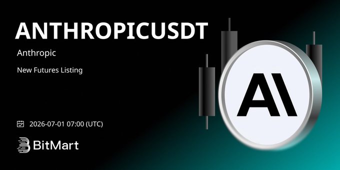 A BitMart announcement card for 'ANTHROPICUSDT' New Futures Listing, dated 2026-07-01 07:00 (UTC), featuring a candlestick chart graphic and 'AI' text on a coin.