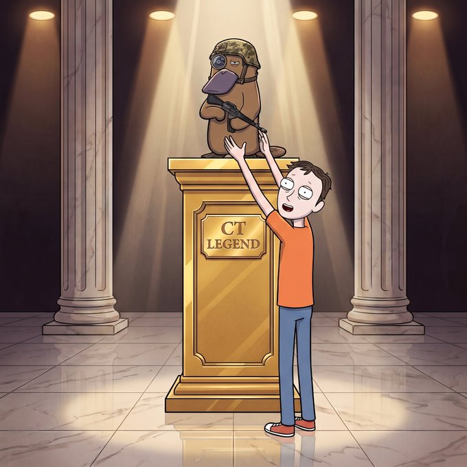 An illustrated cartoon of a person reaching up in awe toward a pedestal labeled 'CT LEGEND' displaying a statue of a capybara wearing a helmet and holding a rifle.