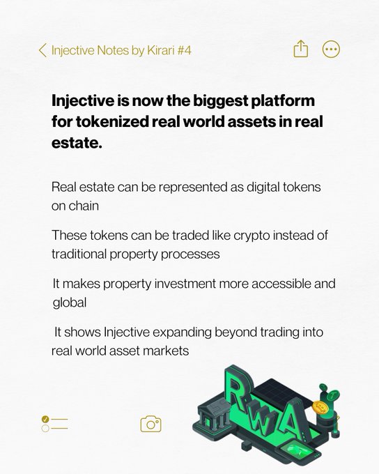 The image features a white background with black text that reads "Injective Notes by Kirari #4". Below this, there's an illustration of a green house with a person standing inside. The main content of the image is related to real estate, as indicated by the title and the accompanying text.