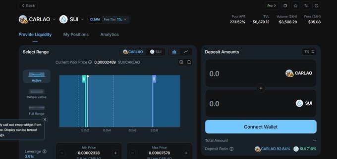 A cryptocurrency liquidity pool interface for CARLAO/SUI pair showing APY of 273.52%, TVL of $8,879.12, and 24h volume of $3,508.28.