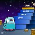 The image features a cute penguin mascot standing beside a staircase with steps labeled "START," "1M CTC," "8M CTC," and "GOAL," illustrating the progress toward a fundraising goal on the Mini CTC launchpad, aligning with the post's excitement about bids being committed to the $MINI launchpad.