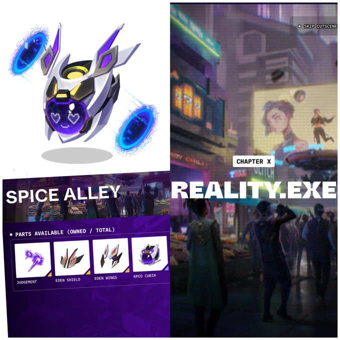A collage showing a purple and white robotic mech character labeled 'KPCO CUBIK' alongside a 'SPICE ALLEY' parts shop screen and a 'CHAPTER X REALITY.EXE' cityscape cutscene.