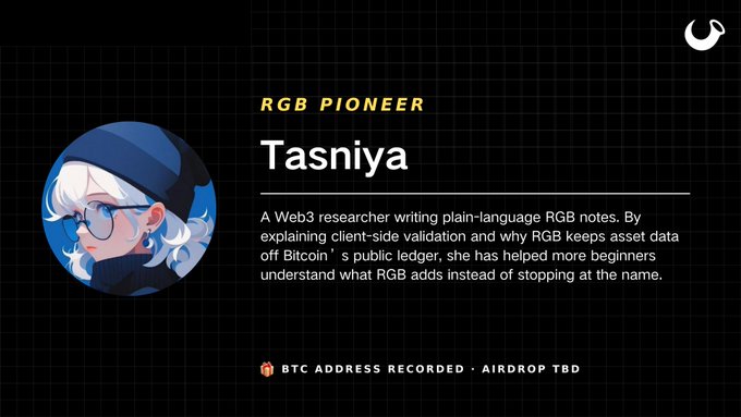 Profile card for 'Tasniya' labeled 'RGB PIONEER', describing her as a Web3 researcher, with an anime-style avatar showing a white-haired character in a blue hat.