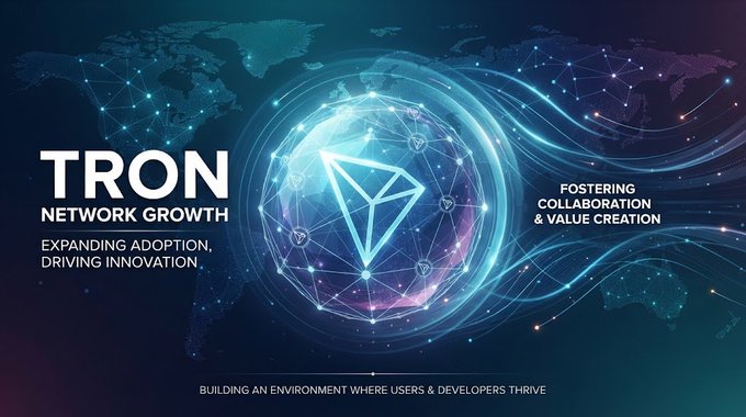 A promotional banner for TRON network displaying 'TRON NETWORK GROWTH - EXPANDING ADOPTION, DRIVING INNOVATION' and 'FOSTERING COLLABORATION & VALUE CREATION' around a glowing globe graphic.