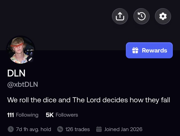 A social media profile page for user 'DLN' (@xbtDLN) with the bio 'We roll the dice and The Lord decides how they fall', showing 5K followers and 126 trades.