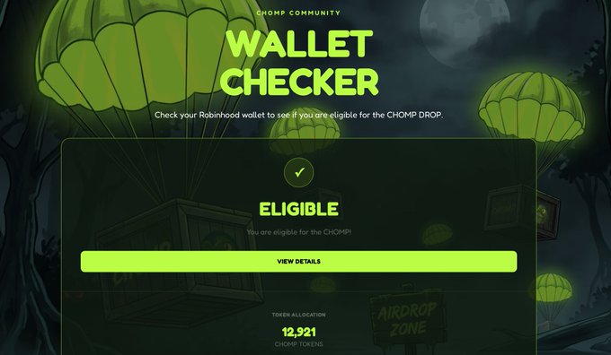 The image displays a Chomp Community "Wallet Checker" interface confirming a user is eligible to receive 12,921 CHOMP tokens from the airdrop. The dark, Halloween-themed background with parachuting green crates reinforces the playful meme project atmosphere associated with the @Chomponhood drop.