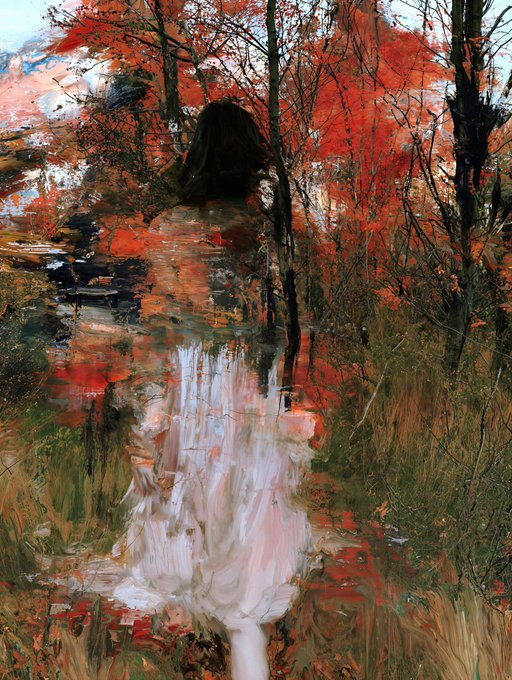 A painting in an impressionistic style showing a figure in a white dress seen from behind, walking through a forest with vibrant red autumn trees and tall grass.