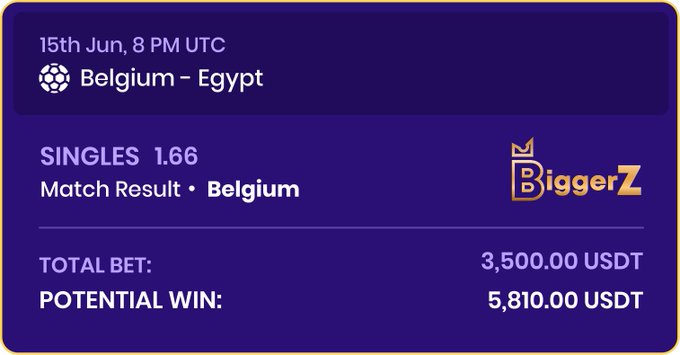The image shows a purple square card displaying information about a match between Belgium and Egypt. The card includes details such as the date, time, and location of the match, along with the names of the teams playing against each other. It also provides potential win amounts for both teams based on their stake. The post is titled "BIG SINGLES loaded! @biggerzofficial Belgium vs Egypt 15th June • 8 PM UTC Belgium @ 1.66 Stake: 3,500 USDT Potential Win: 5,810 USDT Belgium are massive favorites here and should take care of business comfortably against Egypt." The post is about the match between Belgium and Egypt, with a focus on the potential winnings for each team involved in the game.