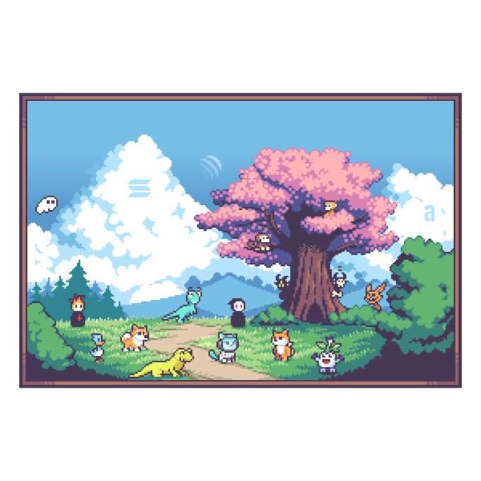 A pixel art illustration showing various fantasy creature characters (cats, dogs, ghosts) gathered around a large pink cherry blossom tree in a grassy landscape.