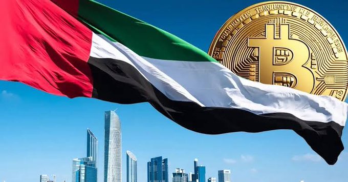 The image features a large UAE flag billowing in the foreground against a clear blue sky, with the Abu Dhabi skyline visible below and a prominent golden Bitcoin coin in the upper right corner. It visually reinforces the post's message about the UAE's new cryptocurrency VAT regulations by combining national symbolism with the iconic Bitcoin emblem. Partially visible text on the Bitcoin coin includes the words "BITCOIN DIGITAL" and "DECENTRALIZED," while the post highlights approved crypto exchanges Binance, Bybit, Deribit, Bitget, and Kraken.