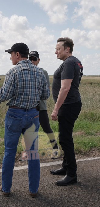 Two men stand on a roadside in a rural area; one wears a plaid shirt and black cap, while the other, resembling Elon Musk, wears a dark grey t-shirt and black pants.