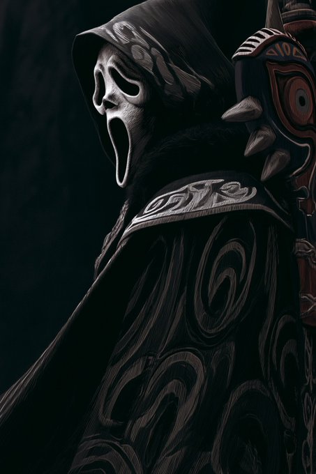 A dark, dramatic illustration of a hooded figure wearing a white screaming mask and ornate armor with swirling patterns and spiked pauldrons, reminiscent of a fantasy warrior or horror character.