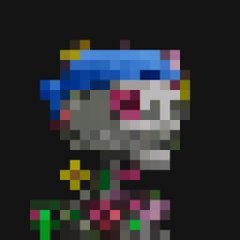 A heavily pixelated, low-resolution image shows what appears to be a colorful cartoon character, likely from a video game, with blue, red, and yellow elements.
