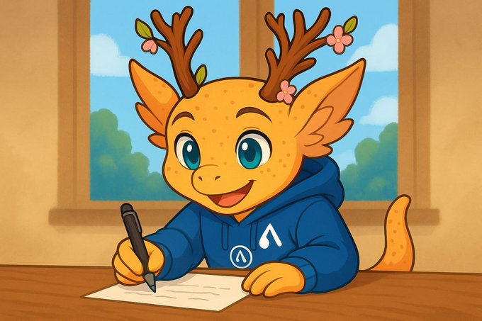 A cheerful cartoon dragon-like creature with antlers adorned with pink blossoms writes on paper while wearing a blue hoodie featuring the Avalanche (AVAX) logo, perfectly complementing the upbeat "Gm!!!!" crypto greeting.