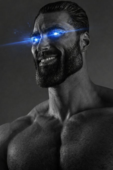 A muscular bearded man with glowing blue eyes and a confident grin is shown in dramatic black-and-white, evoking a deity-like aura of power. The image visually embodies the "looksmaxxing" ideal of the post, contrasting disciplined physical self-improvement with obsessive crypto checking.