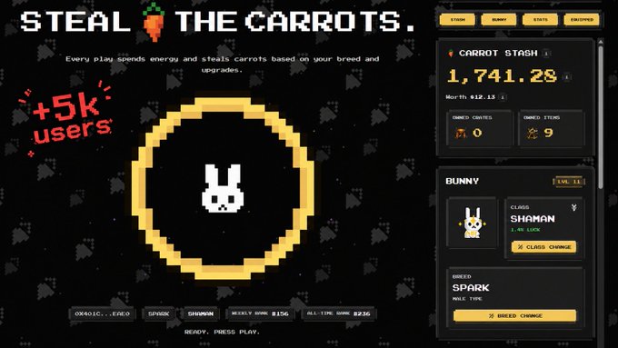 The image shows a screenshot of an online game called "Steal The Carrots". The game interface displays various information, such as a character and their health, players, and game progress. There are also several buttons that appear relevant to gameplay or account management. A small text box is visible on the right side of the screen which provides some information about the game's current state and how many users it supports. Interestingly, an Easter Bunny button has been moved from its original position within the game, located in the top left corner, to the bottom left corner now known as BunnyButton.